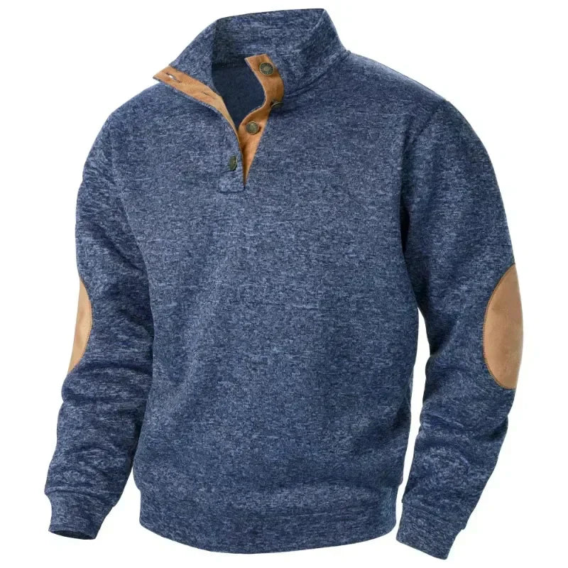 Men's Stand Collar Button Neck Jumper with Elbow Patches - Stylish Knit Sweater for Casual Wear