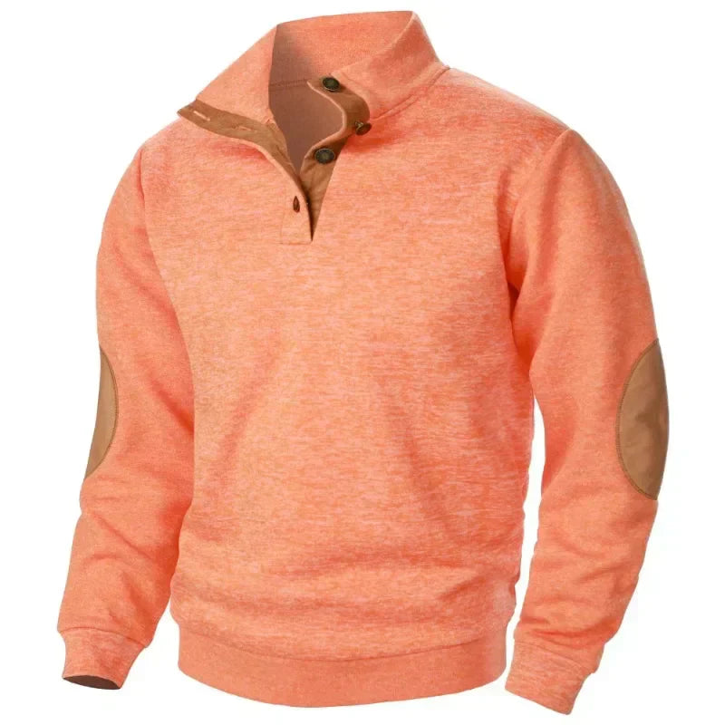 Men's Stand Collar Button Neck Jumper with Elbow Patches - Stylish Knit Sweater for Casual Wear