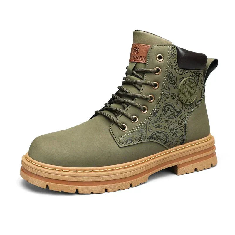 Men's Rugged Lace-Up Work Boots with Durable Sole and Stylish Patterned Side Design for Enhanced Comfort and Traction