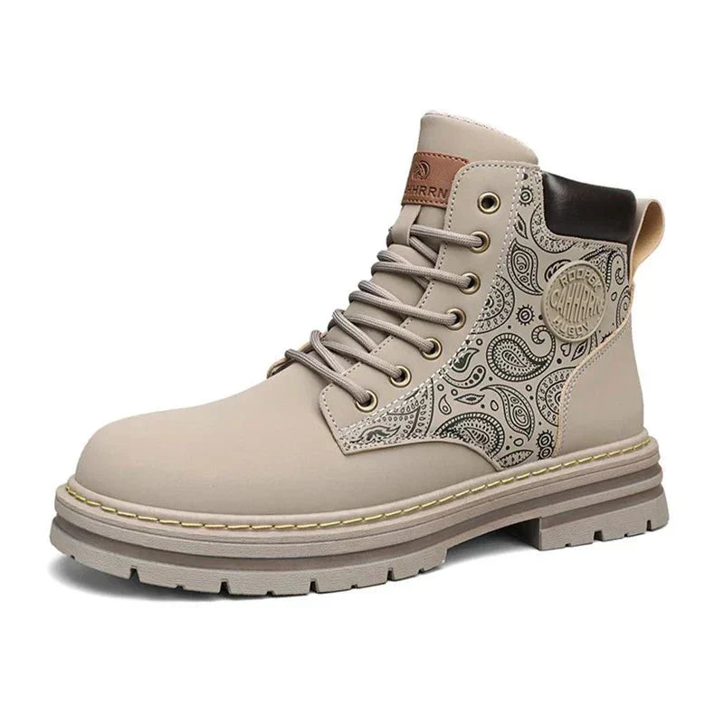 Men's Rugged Lace-Up Work Boots with Durable Sole and Stylish Patterned Side Design for Enhanced Comfort and Traction