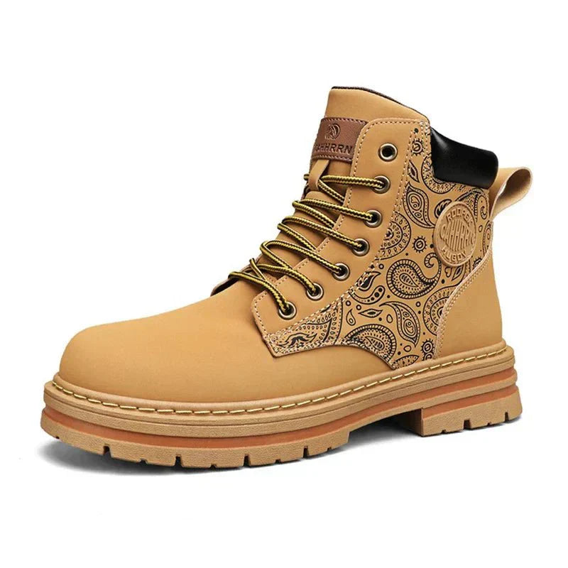 Men's Rugged Lace-Up Work Boots with Durable Sole and Stylish Patterned Side Design for Enhanced Comfort and Traction
