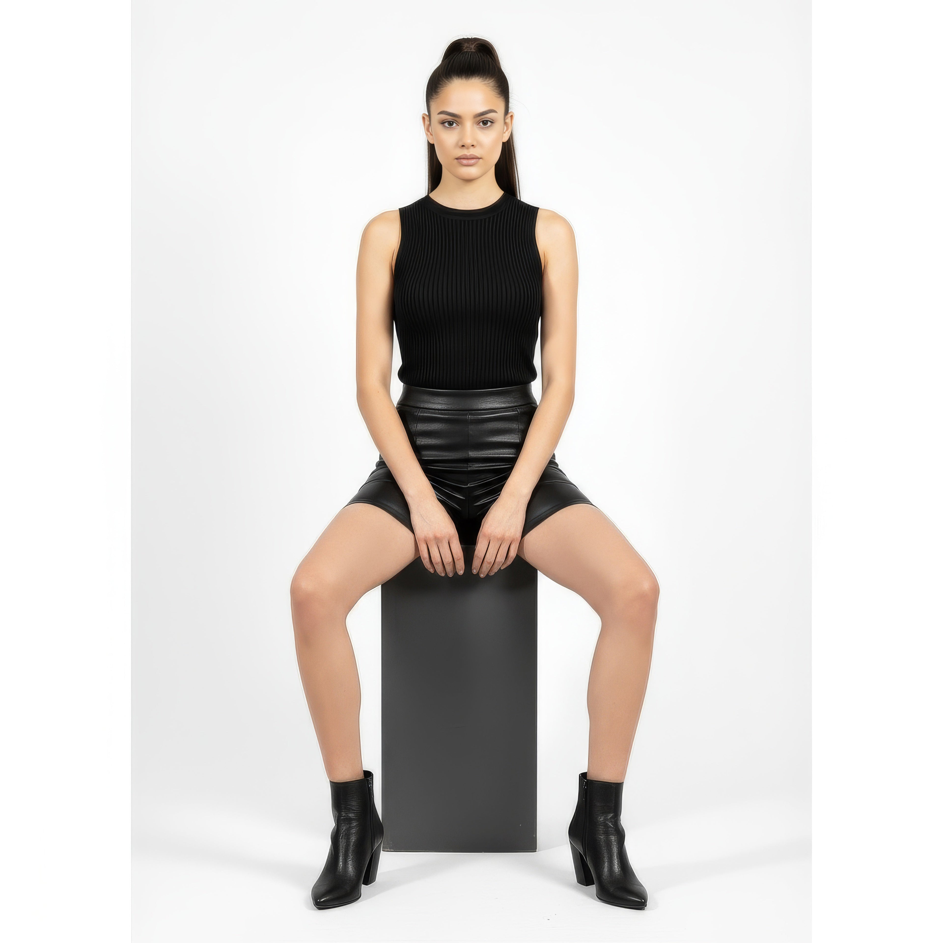 Katya Women's High-Rise Genuine Leather Shorts: Premium Lambskin & Crocodile-Embossed Fit