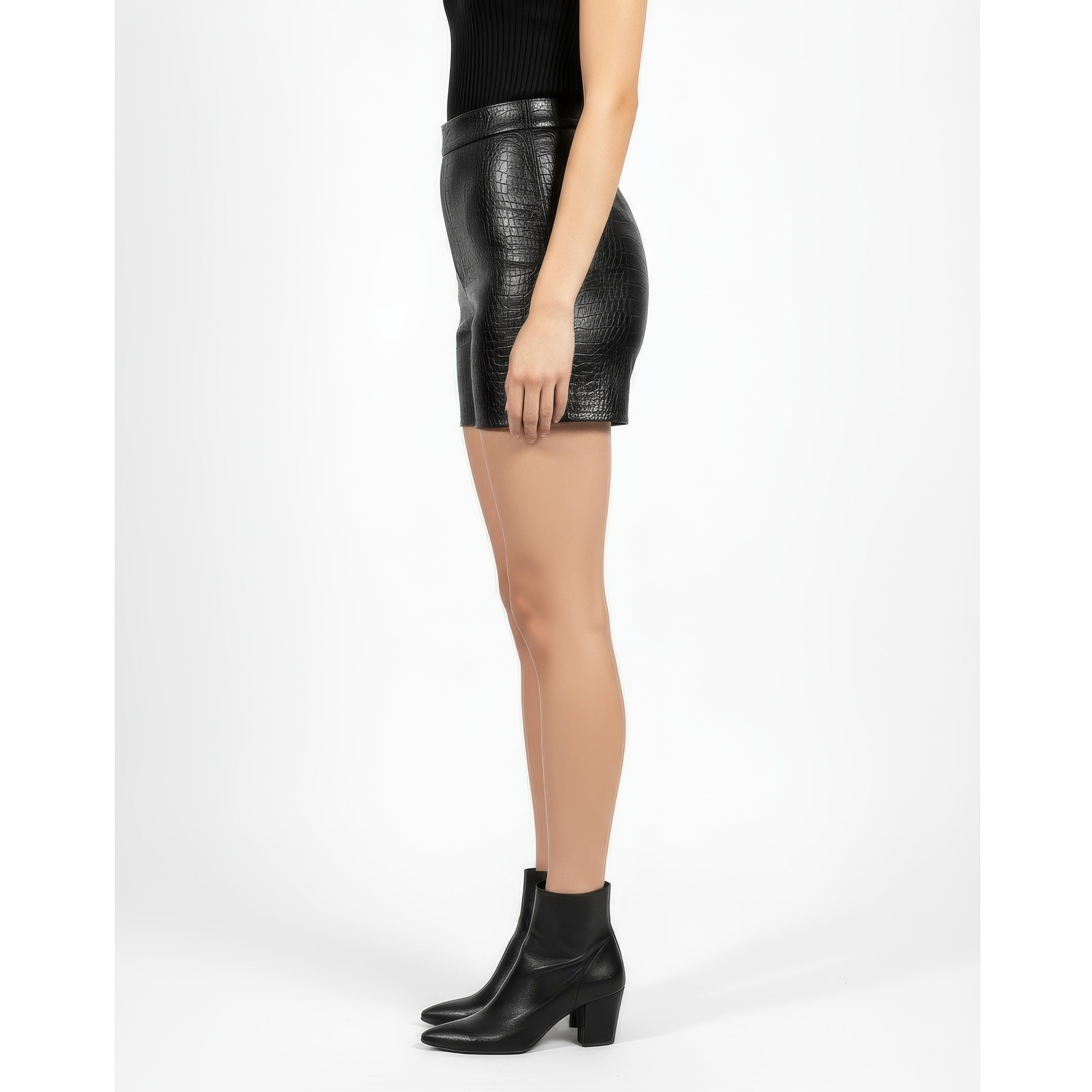 Katya Women's High-Rise Genuine Leather Shorts: Premium Lambskin & Crocodile-Embossed Fit