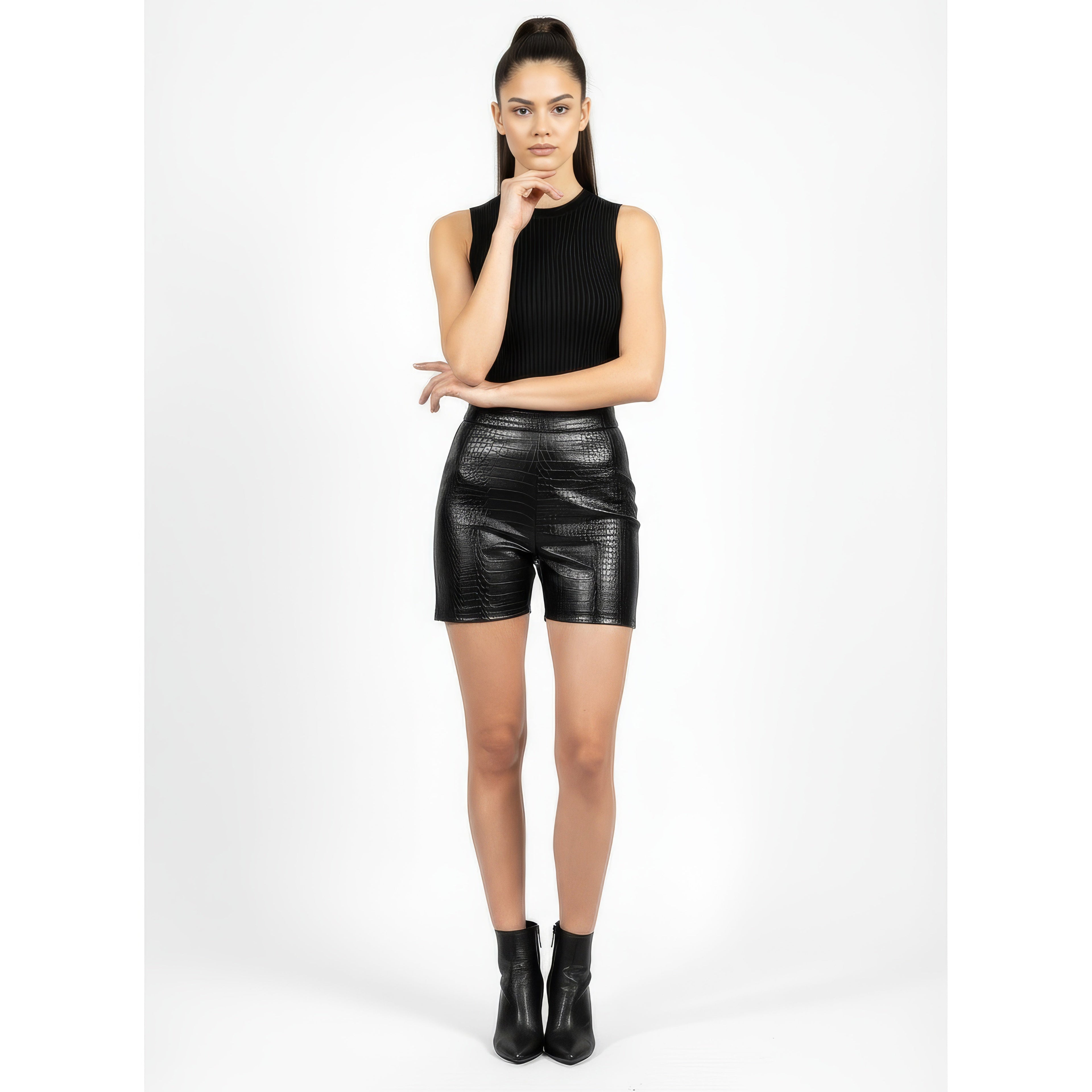 Katya Women's High-Rise Genuine Leather Shorts: Premium Lambskin & Crocodile-Embossed Fit