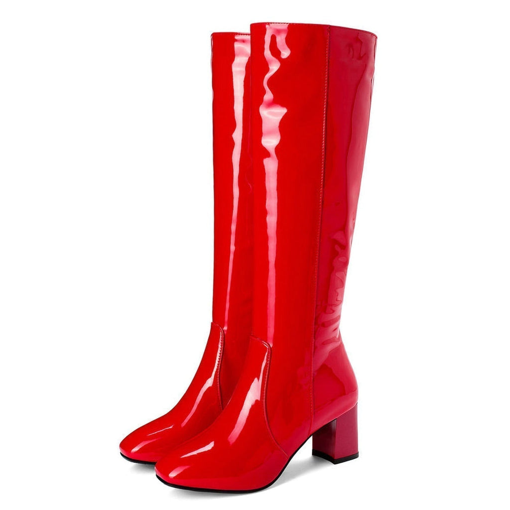 Stylish Women's Knee High Boots - Shiny Finish & Comfortable Block Heel