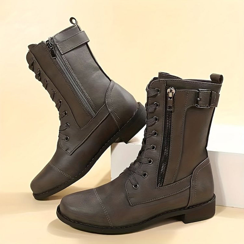 Women's Lace-Up Mid-Calf Boots with Side Zipper & Buckle Strap - Stylish & Comfortable Footwear for Every Occasion