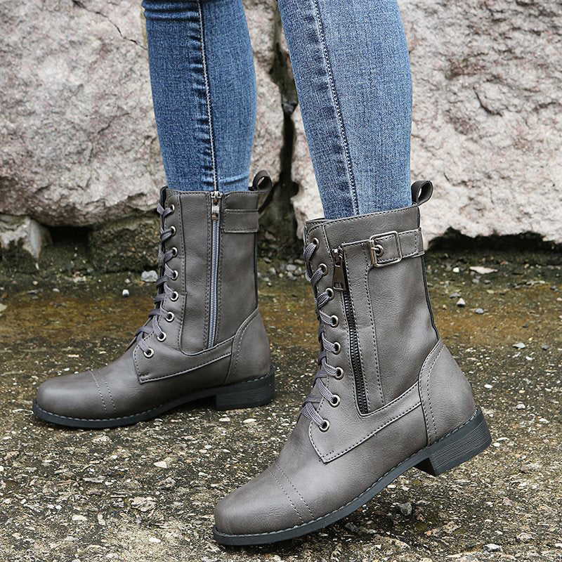 Women's Lace-Up Mid-Calf Boots with Side Zipper & Buckle Strap - Stylish & Comfortable Footwear for Every Occasion