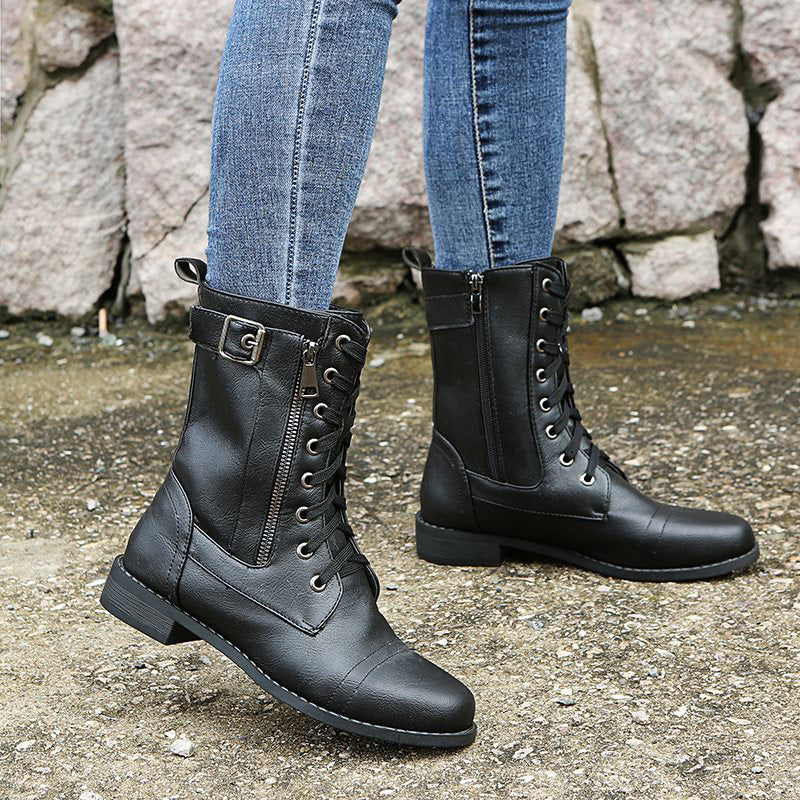 Women's Lace-Up Mid-Calf Boots with Side Zipper & Buckle Strap - Stylish & Comfortable Footwear for Every Occasion