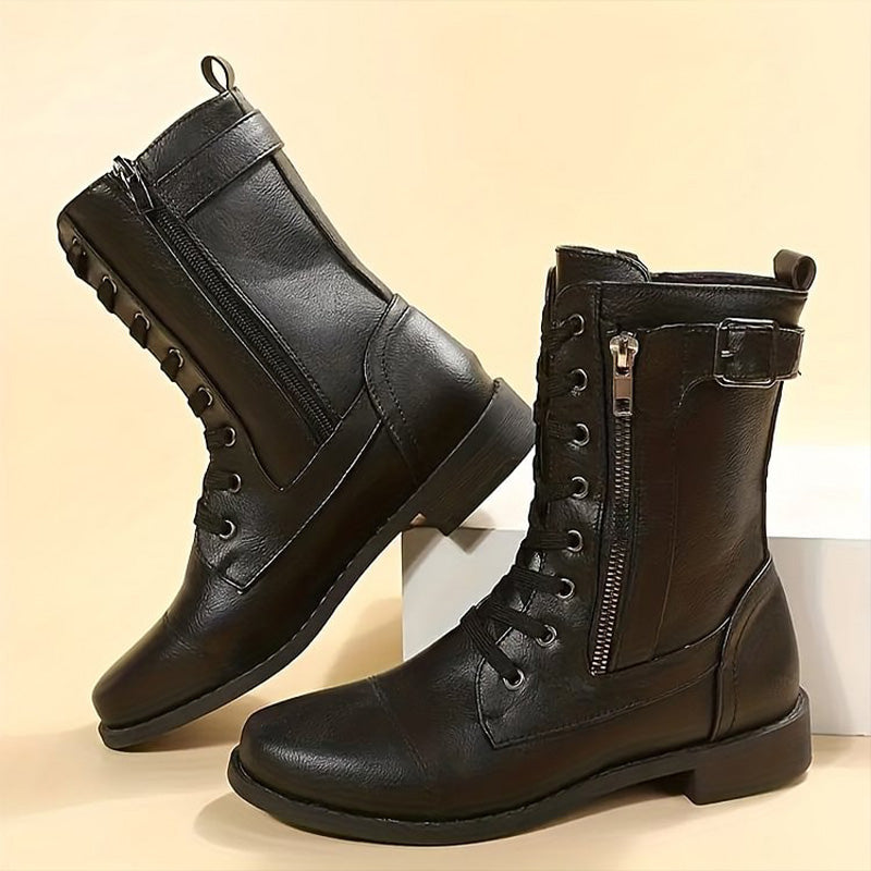 Women's Lace-Up Mid-Calf Boots with Side Zipper & Buckle Strap - Stylish & Comfortable Footwear for Every Occasion