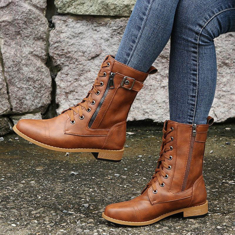 Women's Lace-Up Mid-Calf Boots with Side Zipper & Buckle Strap - Stylish & Comfortable Footwear for Every Occasion