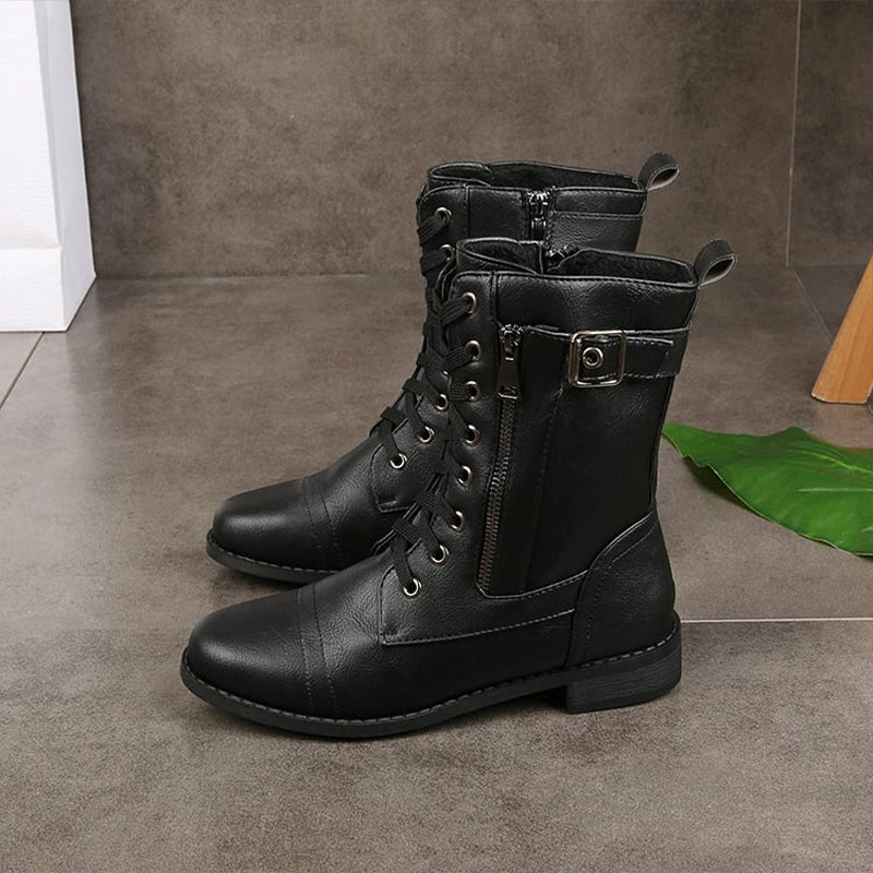Women's Lace-Up Mid-Calf Boots with Side Zipper & Buckle Strap - Stylish & Comfortable Footwear for Every Occasion