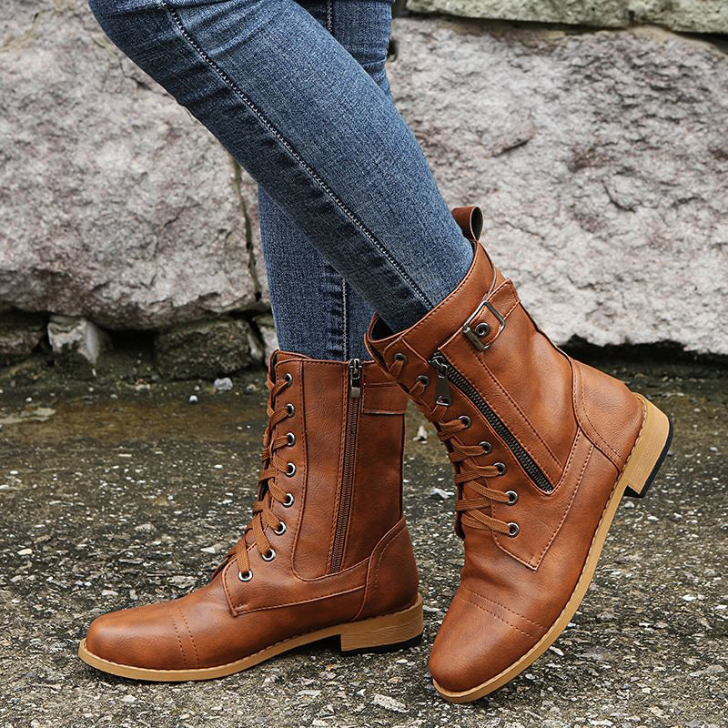Women's Lace-Up Mid-Calf Boots with Side Zipper & Buckle Strap - Stylish & Comfortable Footwear for Every Occasion