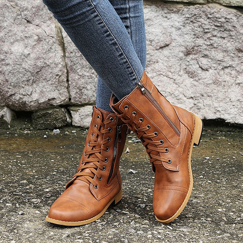 Women's Lace-Up Mid-Calf Boots with Side Zipper & Buckle Strap - Stylish & Comfortable Footwear for Every Occasion