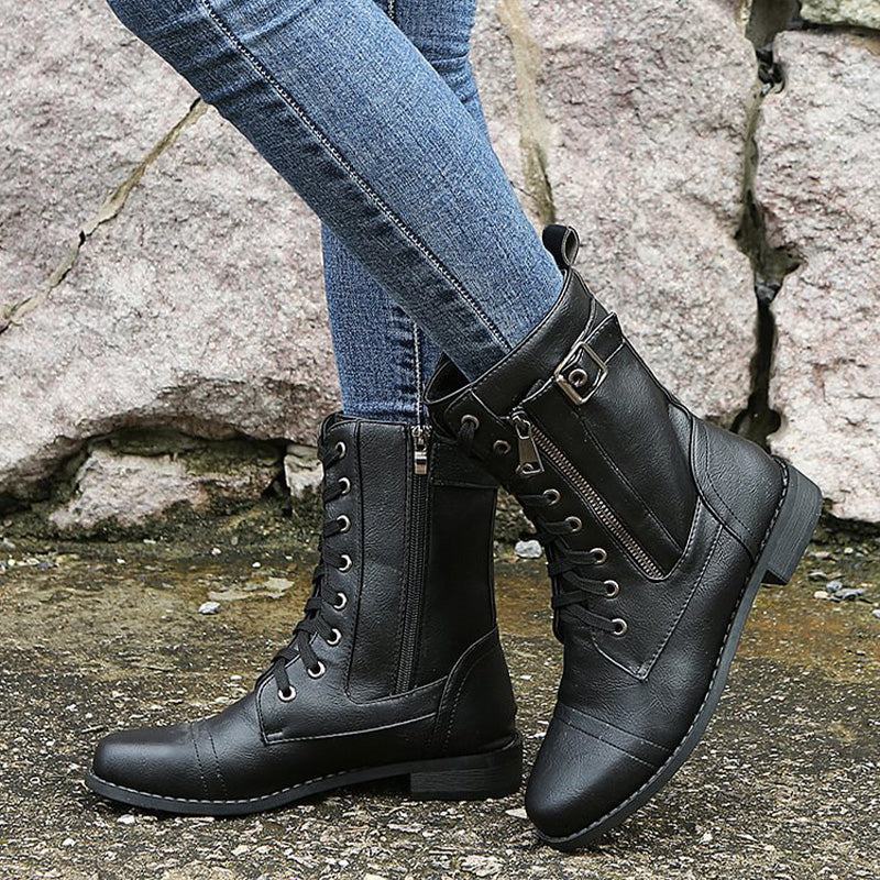 Women's Lace-Up Mid-Calf Boots with Side Zipper & Buckle Strap - Stylish & Comfortable Footwear for Every Occasion