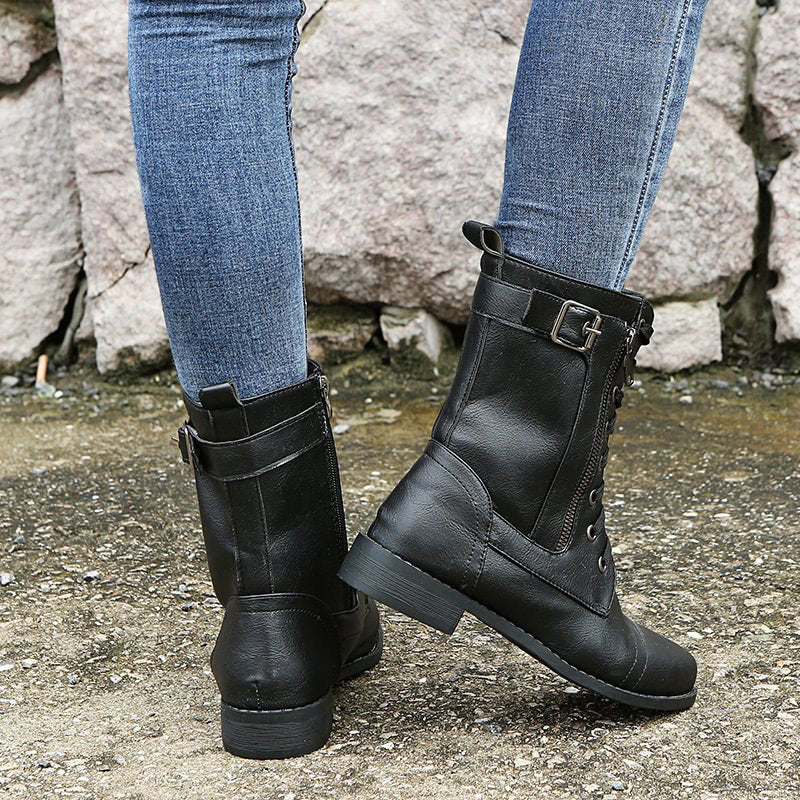 Women's Lace-Up Mid-Calf Boots with Side Zipper & Buckle Strap - Stylish & Comfortable Footwear for Every Occasion