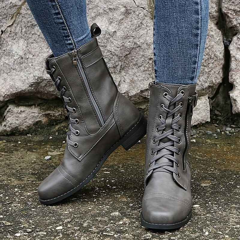 Women's Lace-Up Mid-Calf Boots with Side Zipper & Buckle Strap - Stylish & Comfortable Footwear for Every Occasion