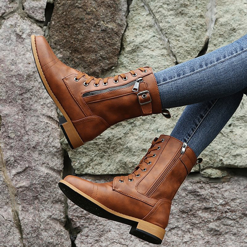 Women's Lace-Up Mid-Calf Boots with Side Zipper & Buckle Strap - Stylish & Comfortable Footwear for Every Occasion