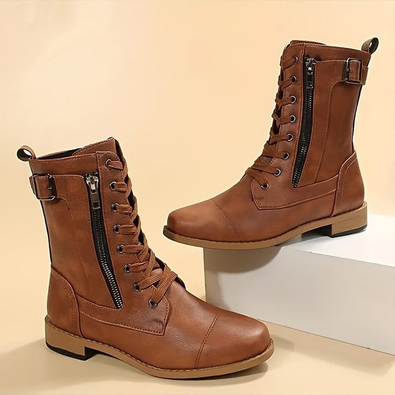 Women's Lace-Up Mid-Calf Boots with Side Zipper & Buckle Strap - Stylish & Comfortable Footwear for Every Occasion