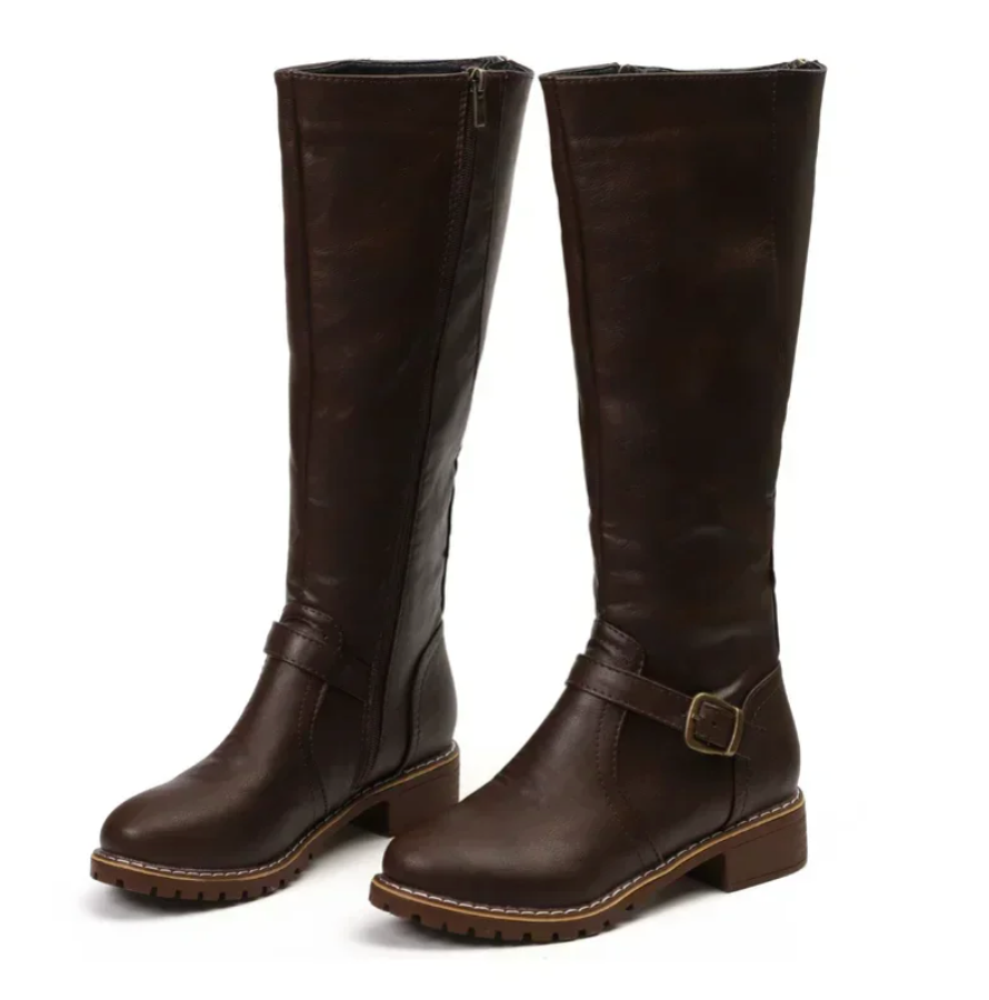 Stylish Women's Knee High Boots with Buckle Strap & Comfortable Low Block Heel - Perfect for Any Occasion