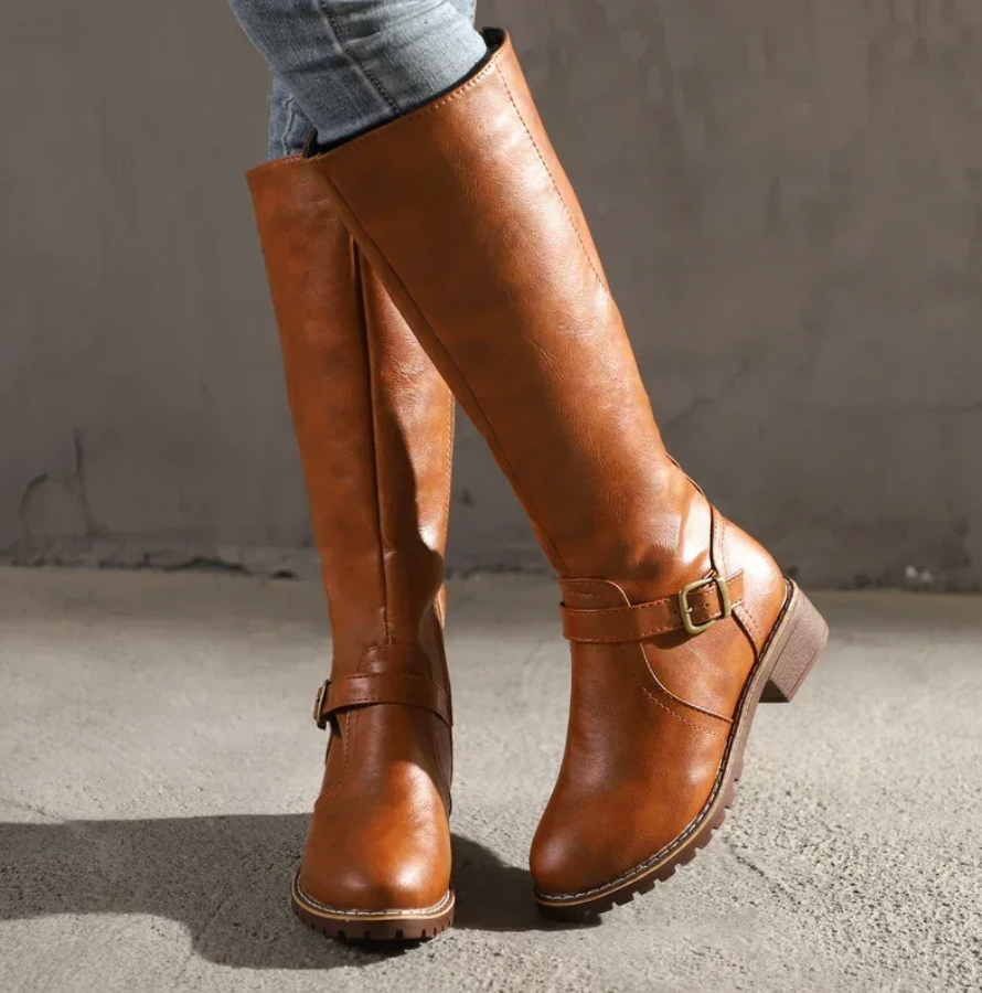 Stylish Women's Knee High Boots with Buckle Strap & Comfortable Low Block Heel - Perfect for Any Occasion