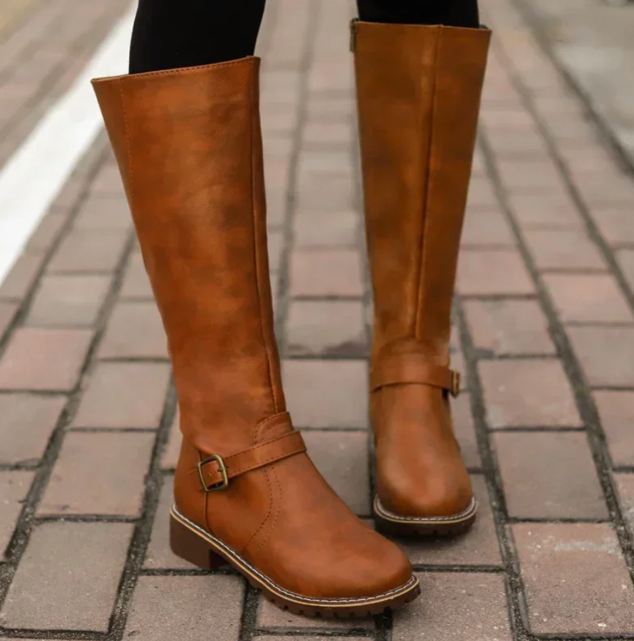 Stylish Women's Knee High Boots with Buckle Strap & Comfortable Low Block Heel - Perfect for Any Occasion
