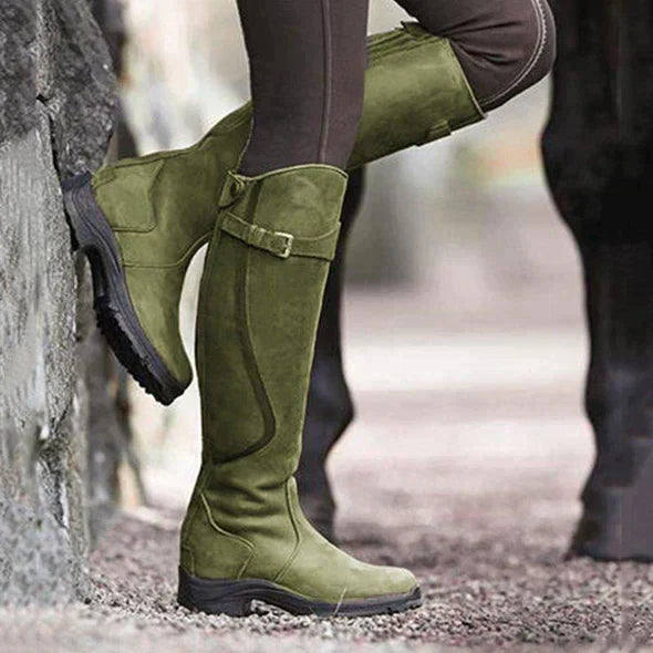 Women's Knee-High Waterproof Boots with Buckle Strap & Non-Slip Grip Sole - Stylish & Durable Footwear for All Weather