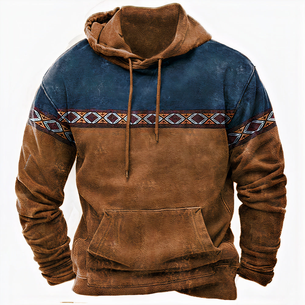 Men's Vintage-Inspired Ethnic Pattern Hoodie - Stylish & Comfortable Casual Wear