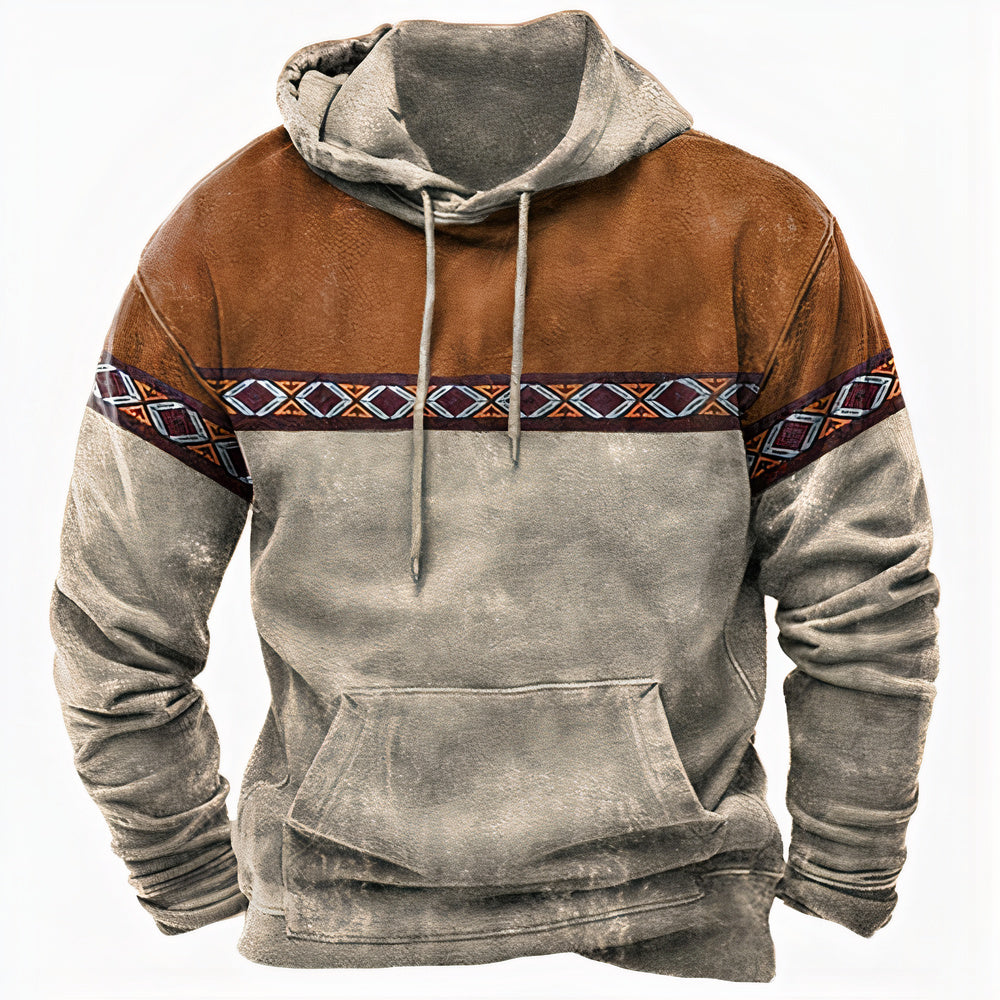 Men's Vintage-Inspired Ethnic Pattern Hoodie - Stylish & Comfortable Casual Wear