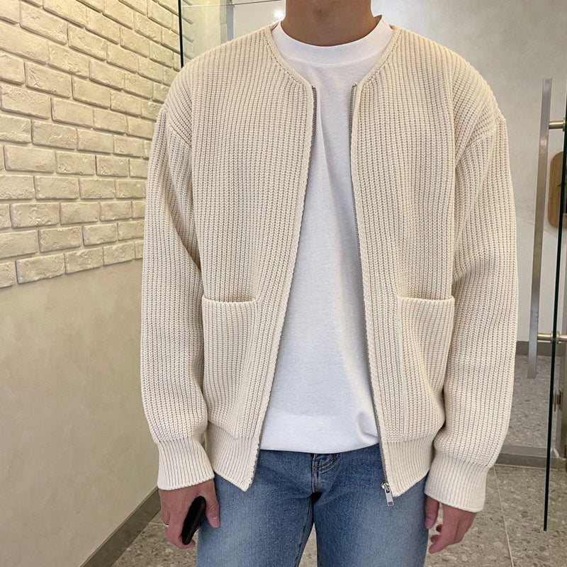 Men's Minimalist Zip-Up Cardigan - Round Neck, Ribbed Knit Design, Stylish & Comfortable Sweater for Everyday Wear