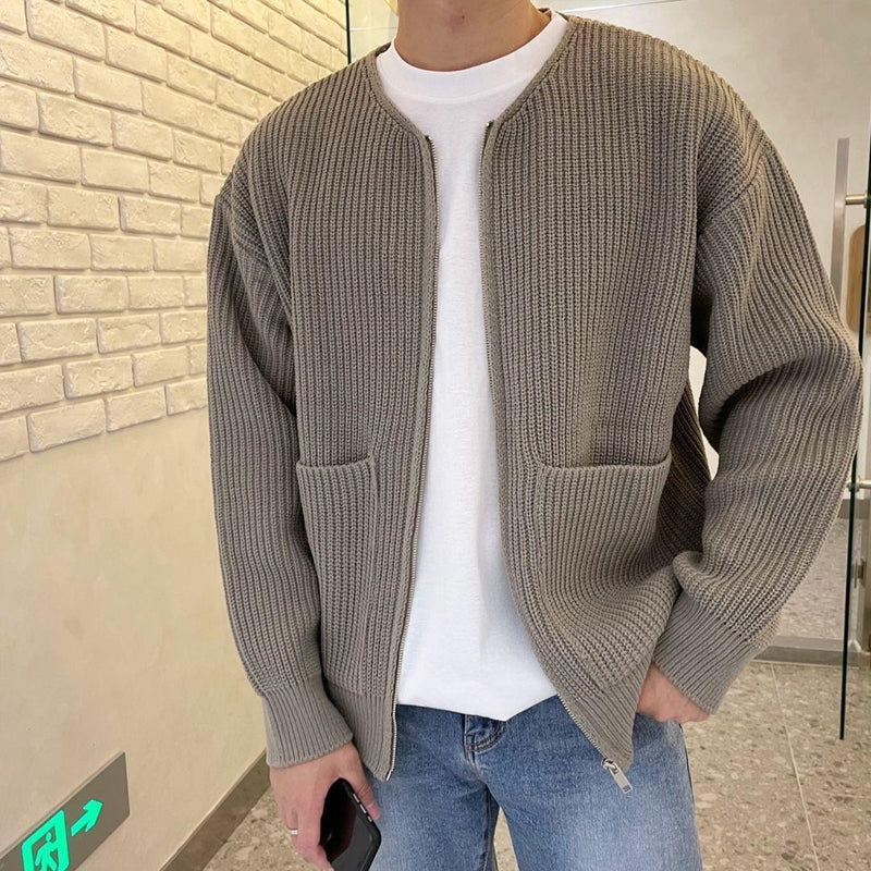 Men's Minimalist Zip-Up Cardigan - Round Neck, Ribbed Knit Design, Stylish & Comfortable Sweater for Everyday Wear